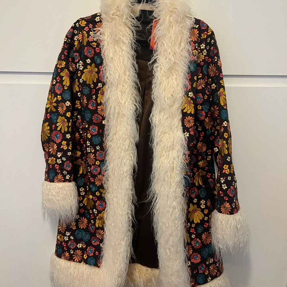 Floral Faux Fur Trim Coat
